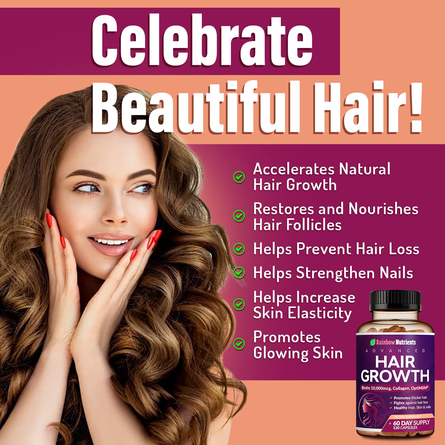 Rainbow Nutrients collagen and OptiMSM blend highlighting shiny hair and skin support.