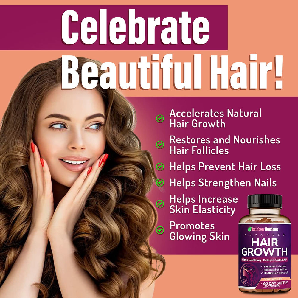 Rainbow Nutrients collagen and OptiMSM blend highlighting shiny hair and skin support.