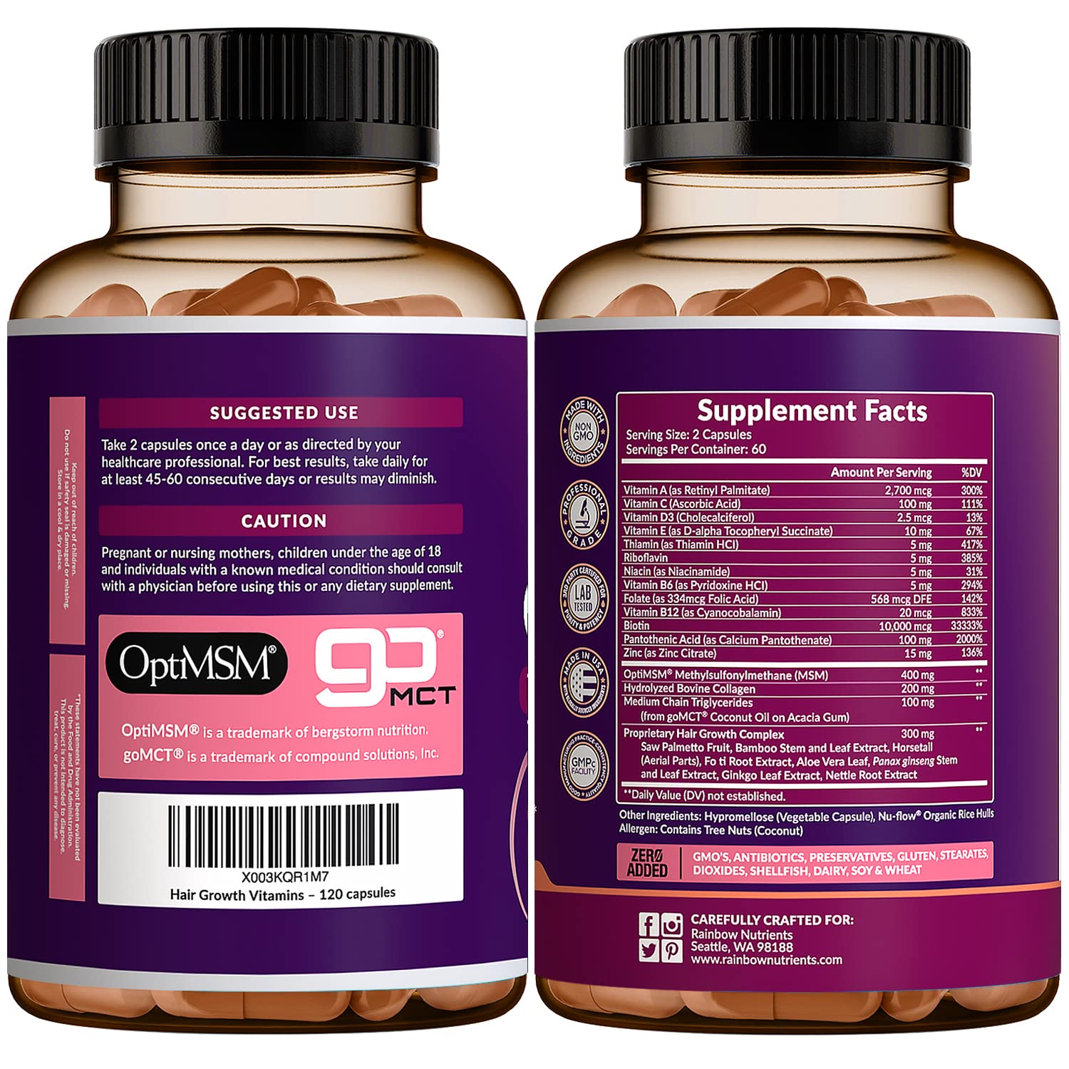 Rainbow Nutrients daily use bottle on bathroom shelf for routine.
