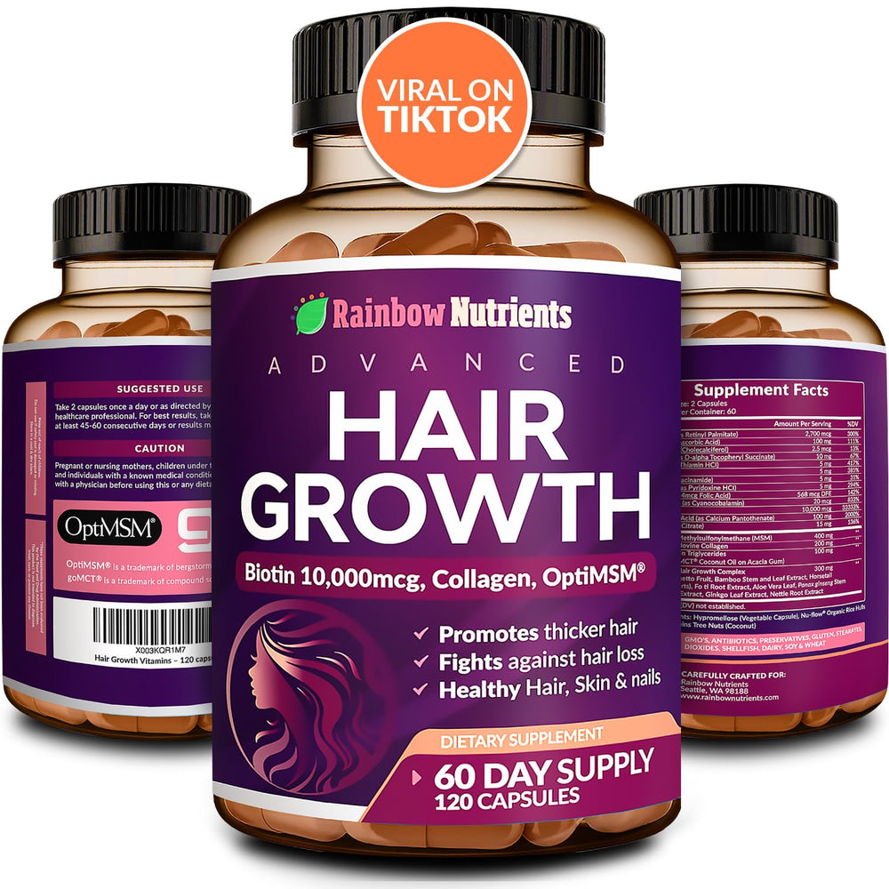 Rainbow Nutrients hair growth vitamins bottle for daily hair health support.
