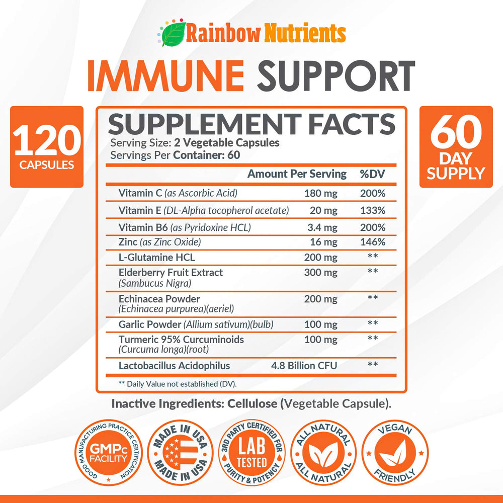 Rainbow Nutrients Immune Support capsule close-up highlighting natural ingredients for immune wellness.