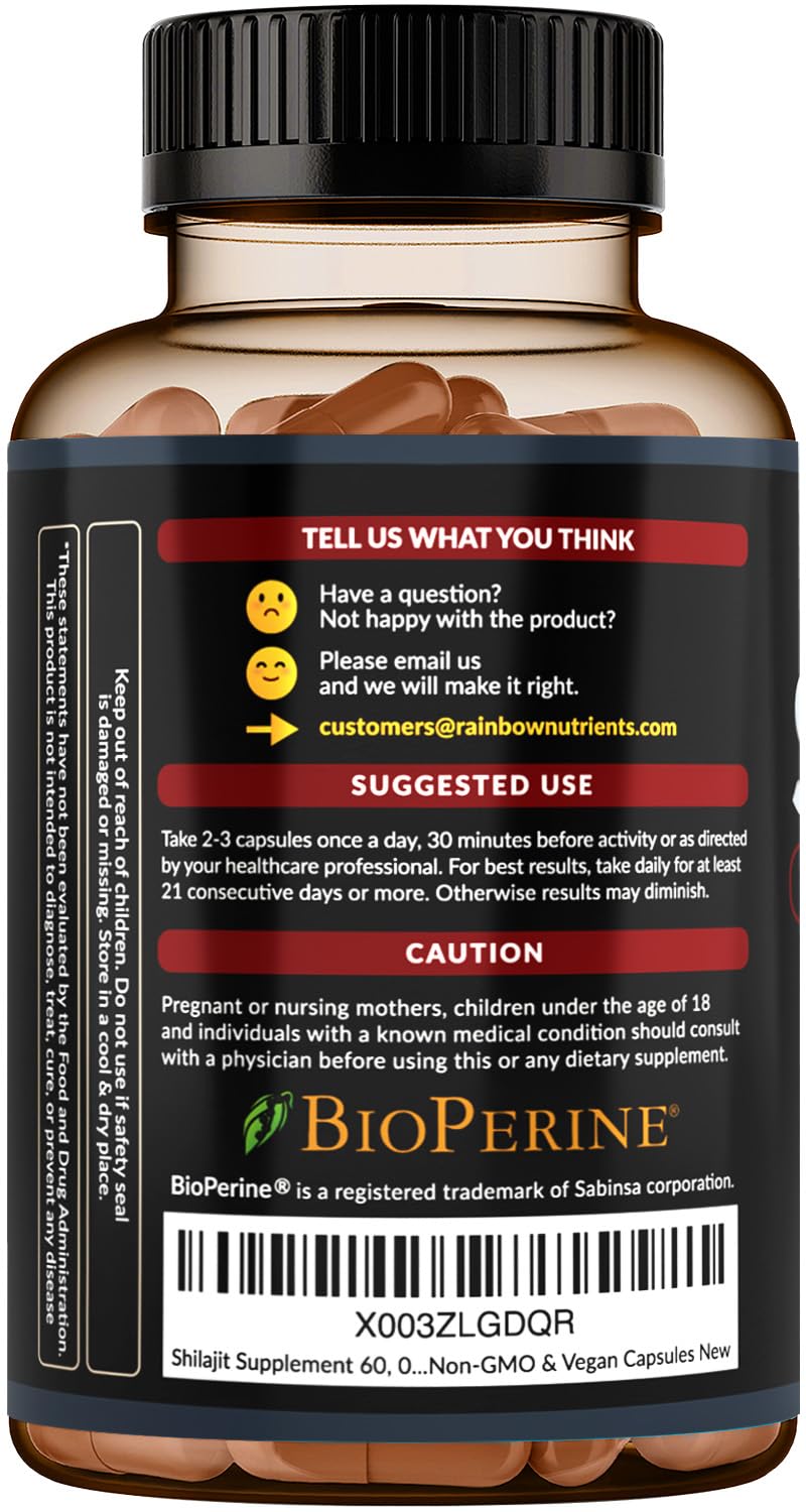 Rainbow Nutrients Shilajit bottle beside pill tray 120-count