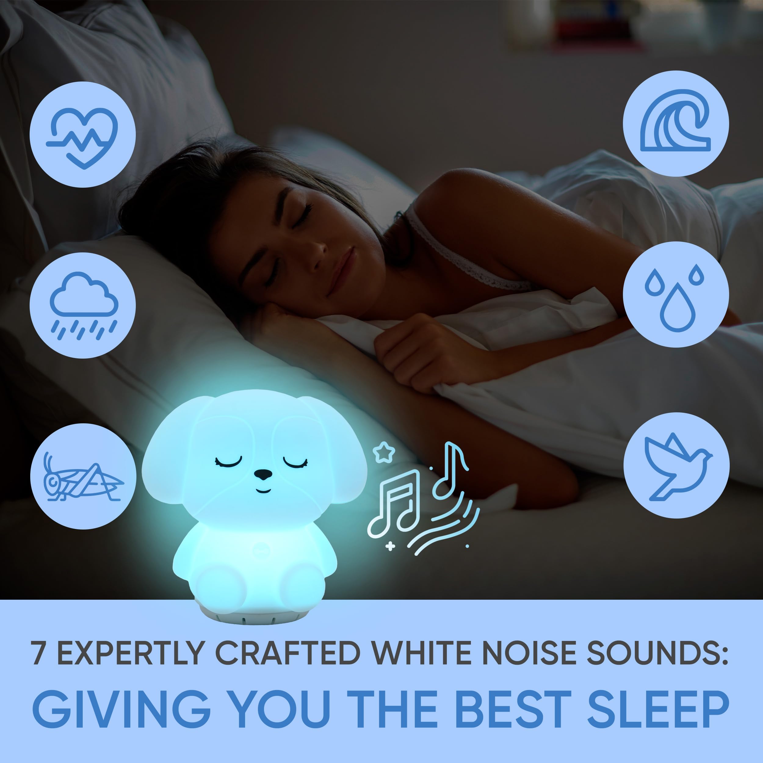 RAINLAX Breathing Puppy 7-color night light creates a soothing atmosphere.