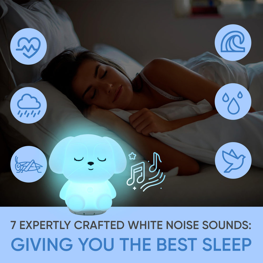 RAINLAX Breathing Puppy 7-color night light creates a soothing atmosphere.
