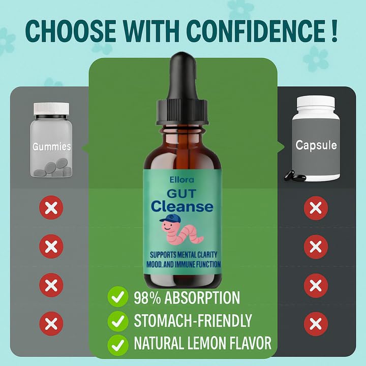 Raipult Ellora Gut Cleanse Drops label showing natural ingredients.