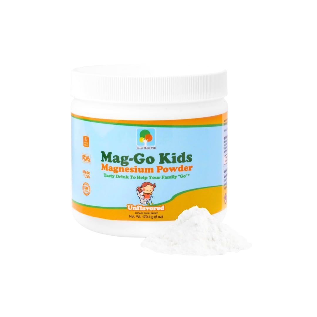 Raise Them Well Mag-Go Kids magnesium powder bottle ready for daily digestive support.