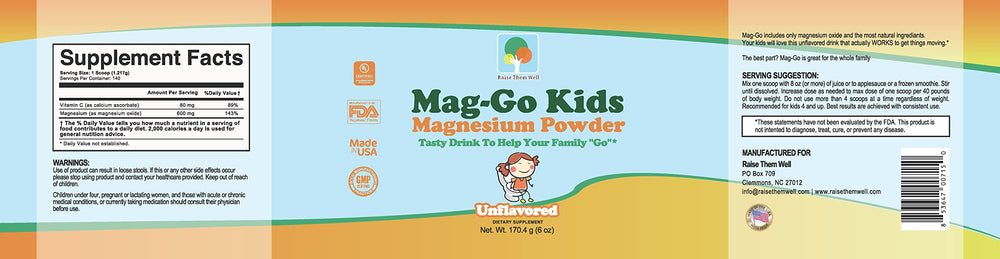 Raise Them Well Mag-Go measuring scoop for easy, consistent daily portions.