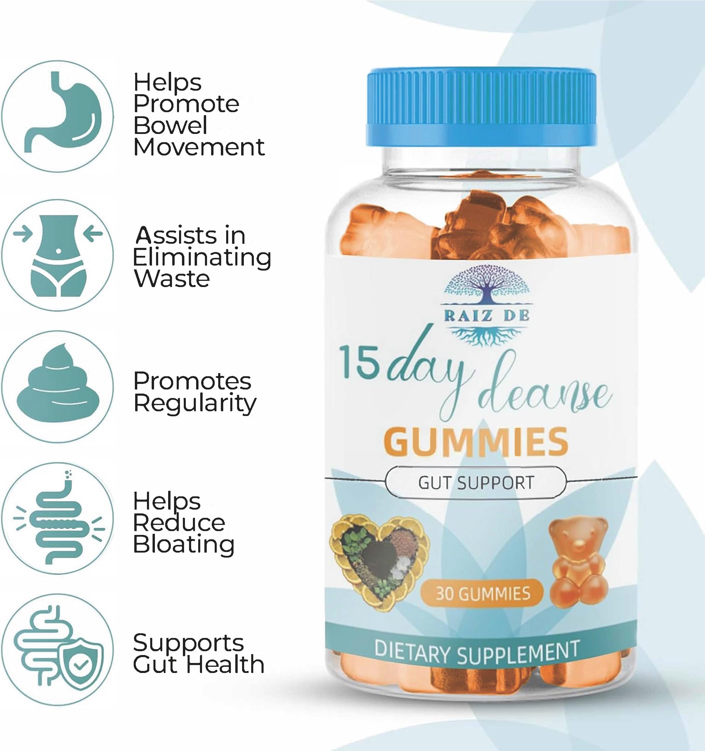 Raiz DE gummies in hand highlighting easy daily use for sensitive stomach comfort.