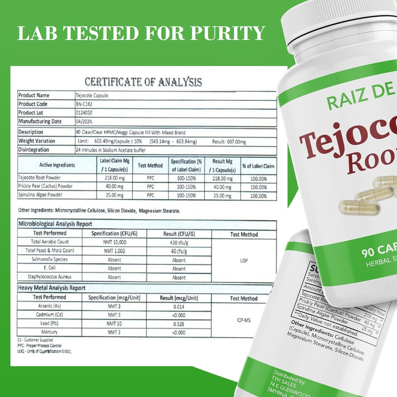Raiz DE Tejocote root bottle label highlights lab-tested purity.