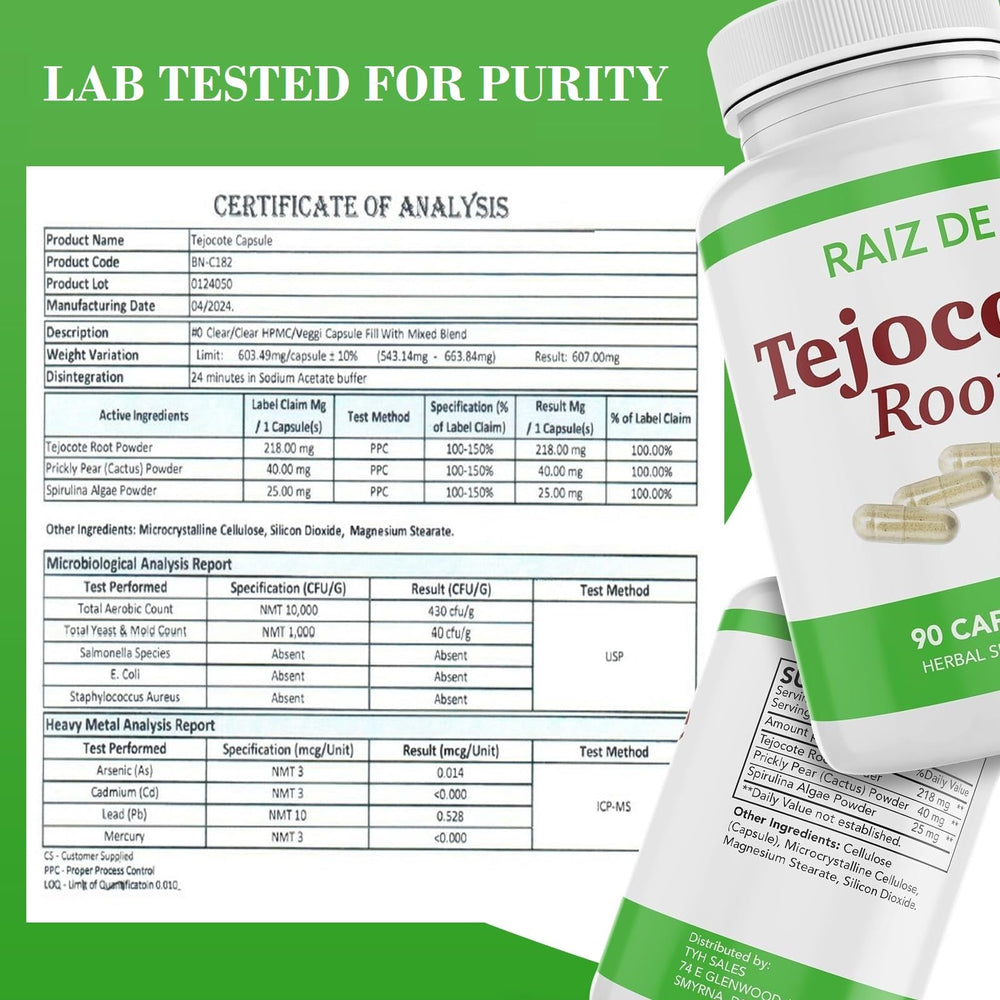 Raiz DE Tejocote root bottle label highlights lab-tested purity.