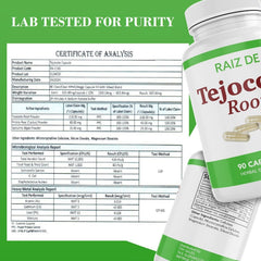 Raiz DE Tejocote root bottle label highlights lab-tested purity.