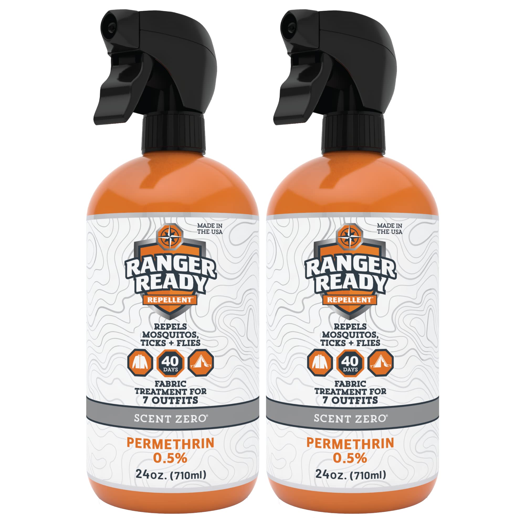 Ranger Ready Permethrin spray bottle applying on clothing for pest deterrence.