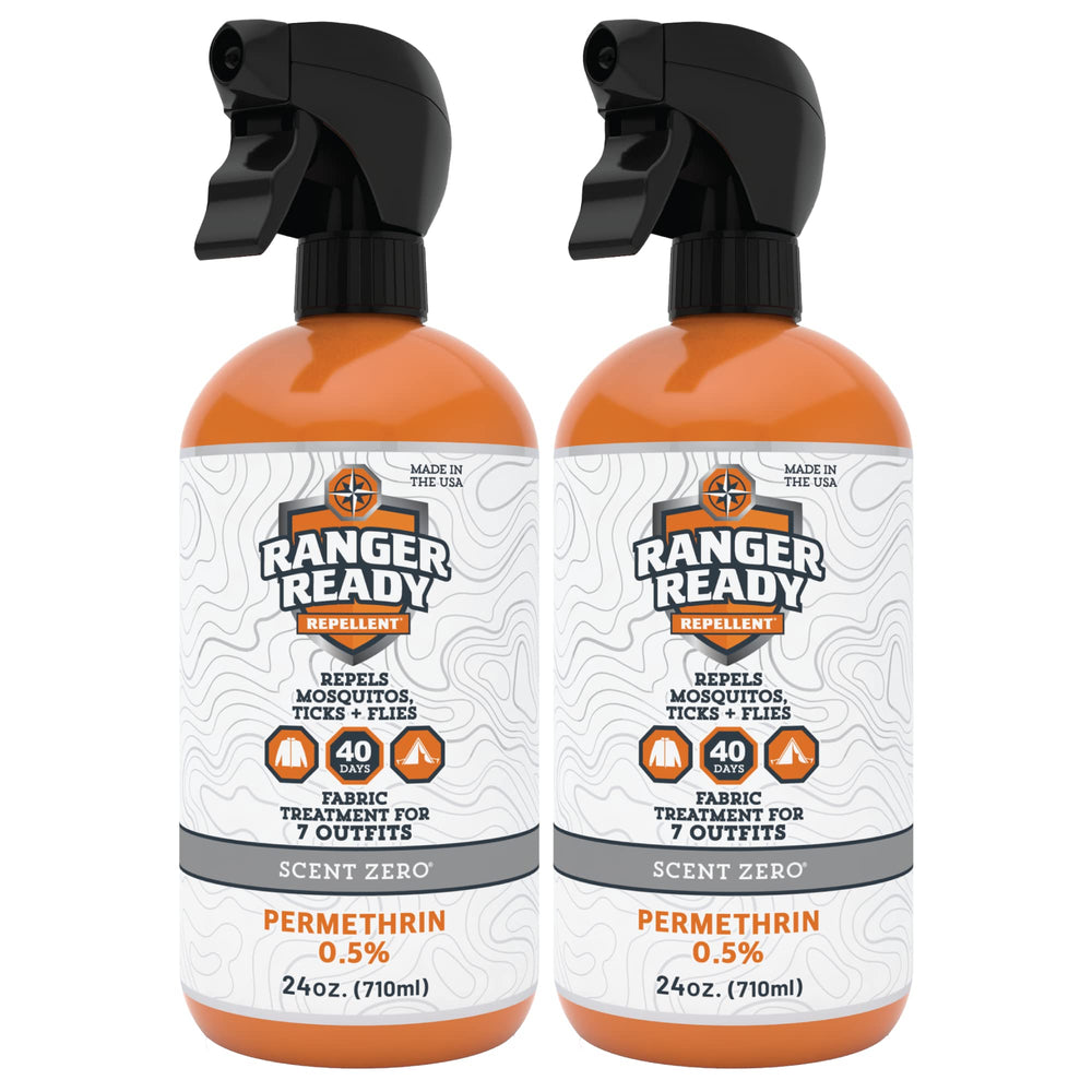 Ranger Ready Permethrin spray bottle applying on clothing for pest deterrence.