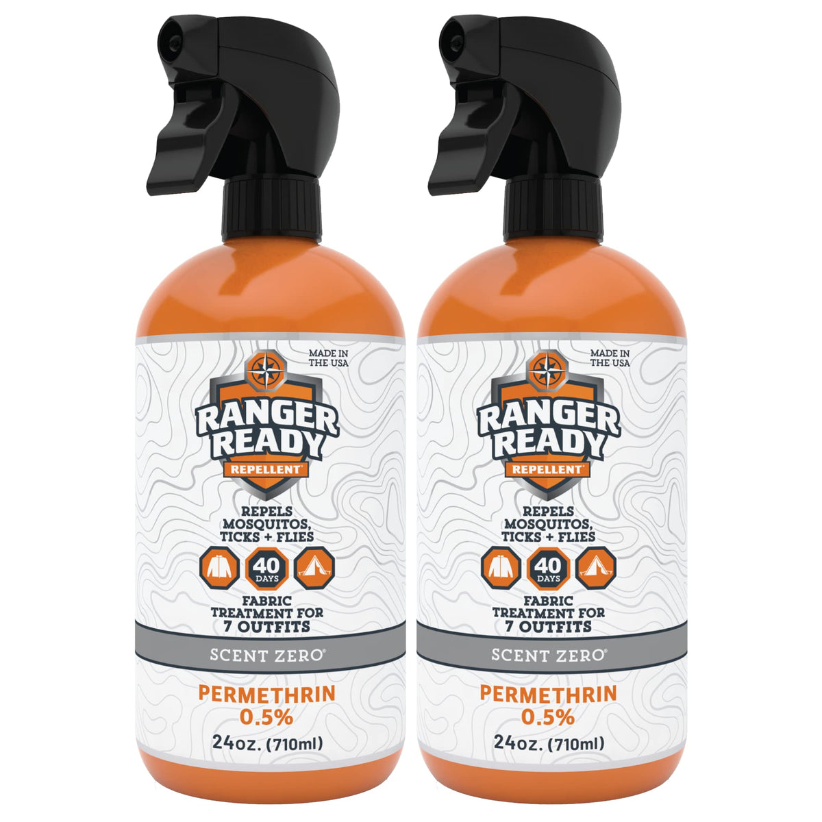 Ranger Ready Permethrin spray bottle applying on clothing for pest deterrence.