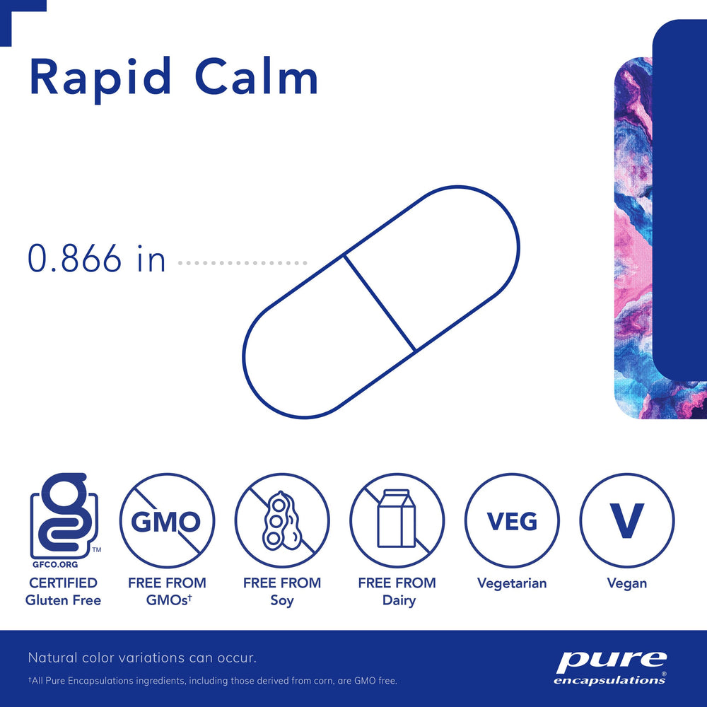 Rapid Calm label details emphasize B6, Zembrin, and Suntheanine for balanced response.