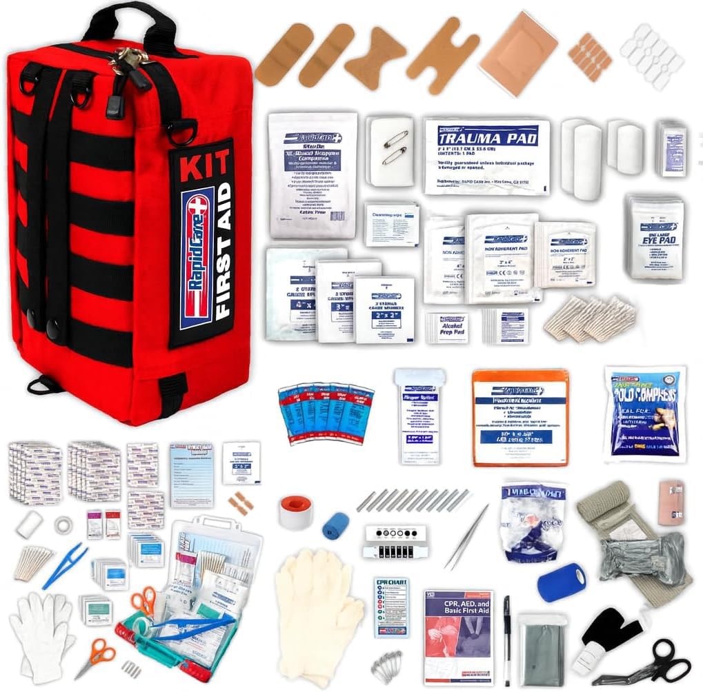 Rapid Care first aid kit main compartment shows organized essentials for fast access.