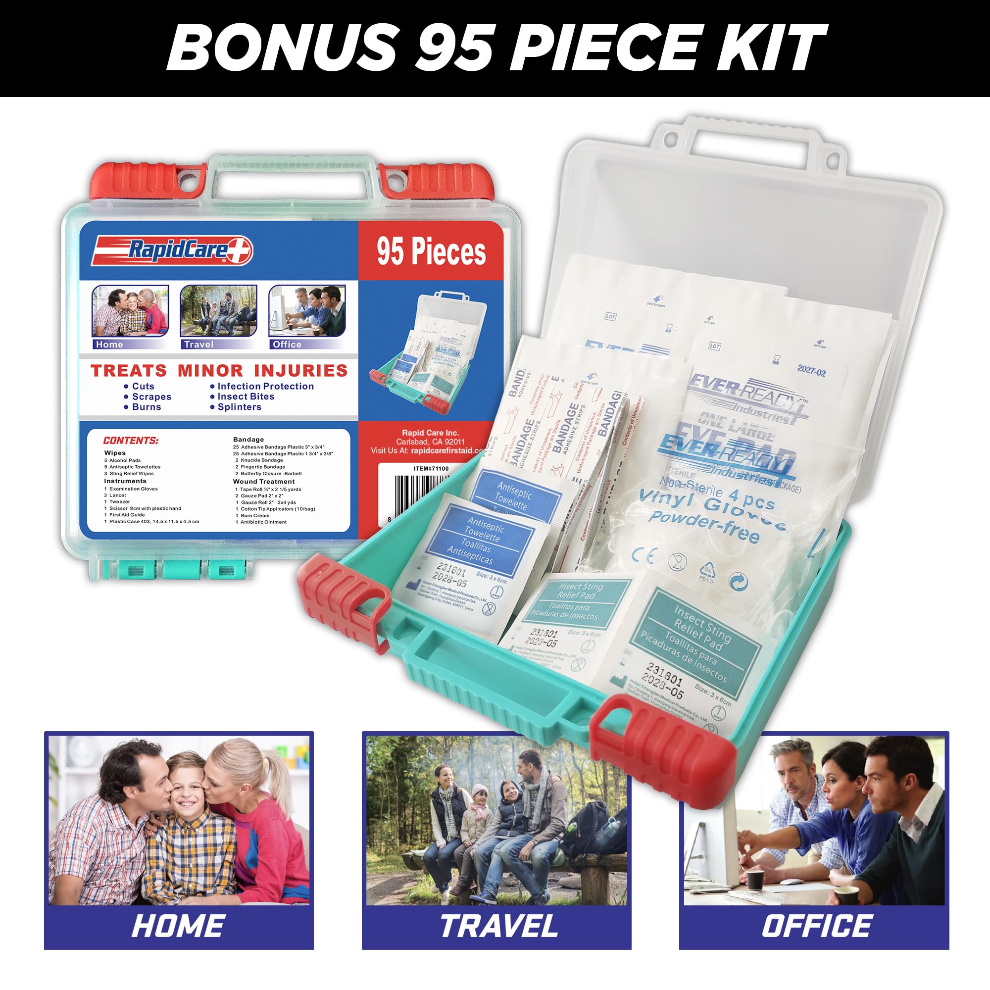 Rapid Care tourniquet and Israeli bandage are included for potential trauma scenarios.