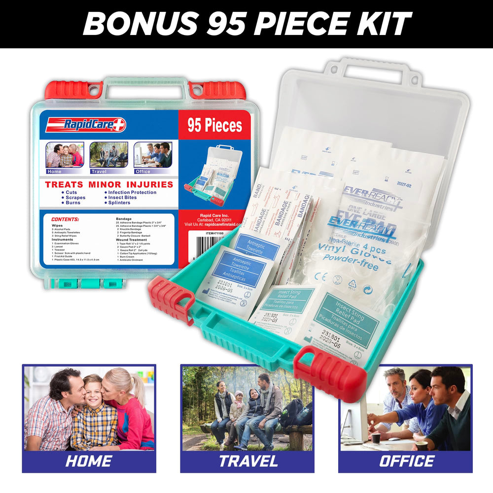 Rapid Care tourniquet and Israeli bandage are included for potential trauma scenarios.