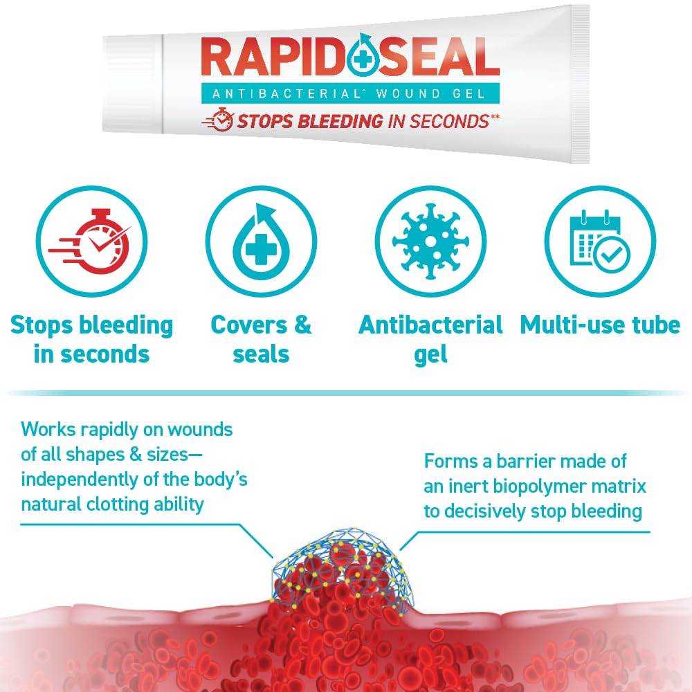 Rapid-Seal Wound Gel bottle pour demonstrates quick bleeding control for on the go