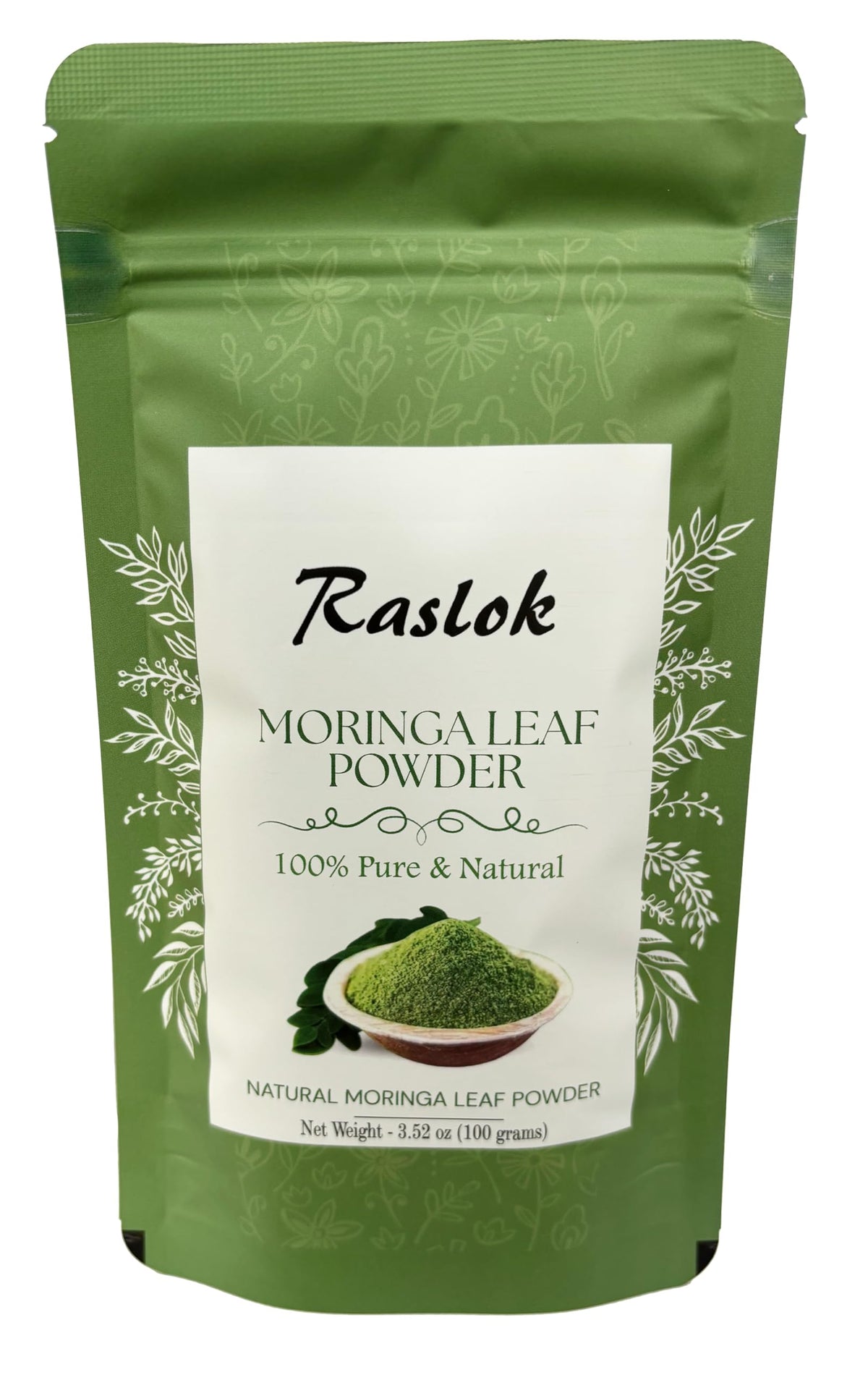 Raslok Moringa Powder leaf-no-stems in a jar; nutrient-dense green supplement.