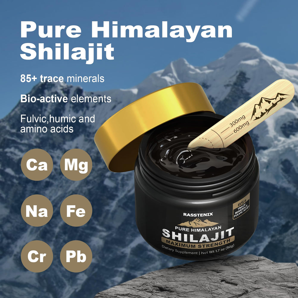 Rasstenix Shilajit Resin bottle displayed with Himalayan backdrop and branding