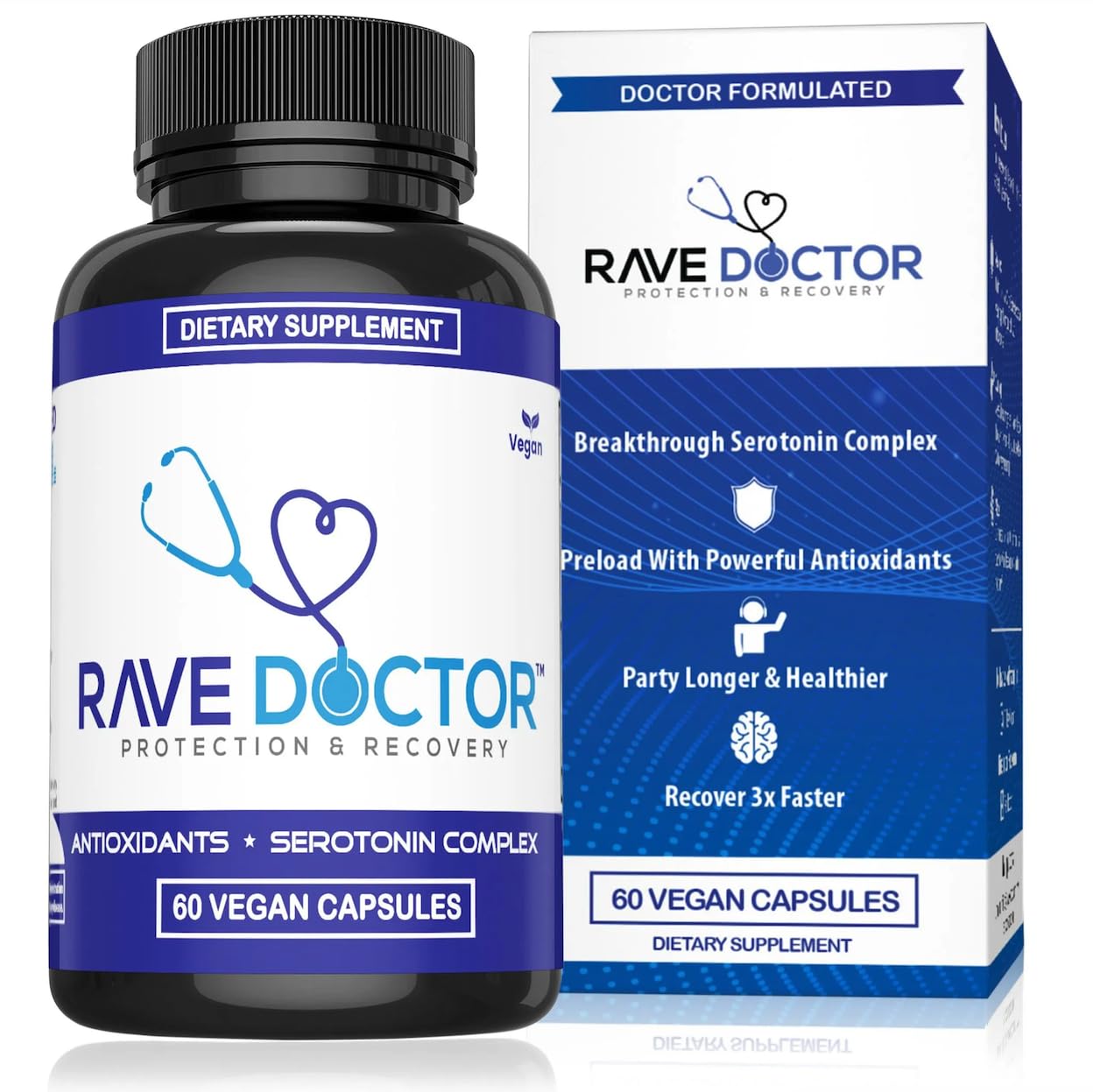 Rave Doctor 5-HTP bottle label showing immune support and mood balance.