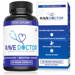 Rave Doctor 5-HTP bottle label showing immune support and mood balance.