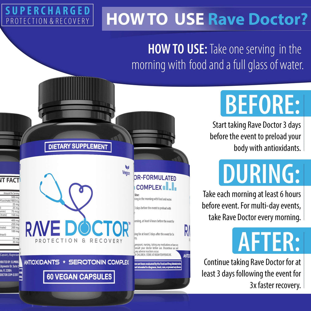 Rave Doctor vegan capsules close-up shows plant-based capsules and packaging quality.