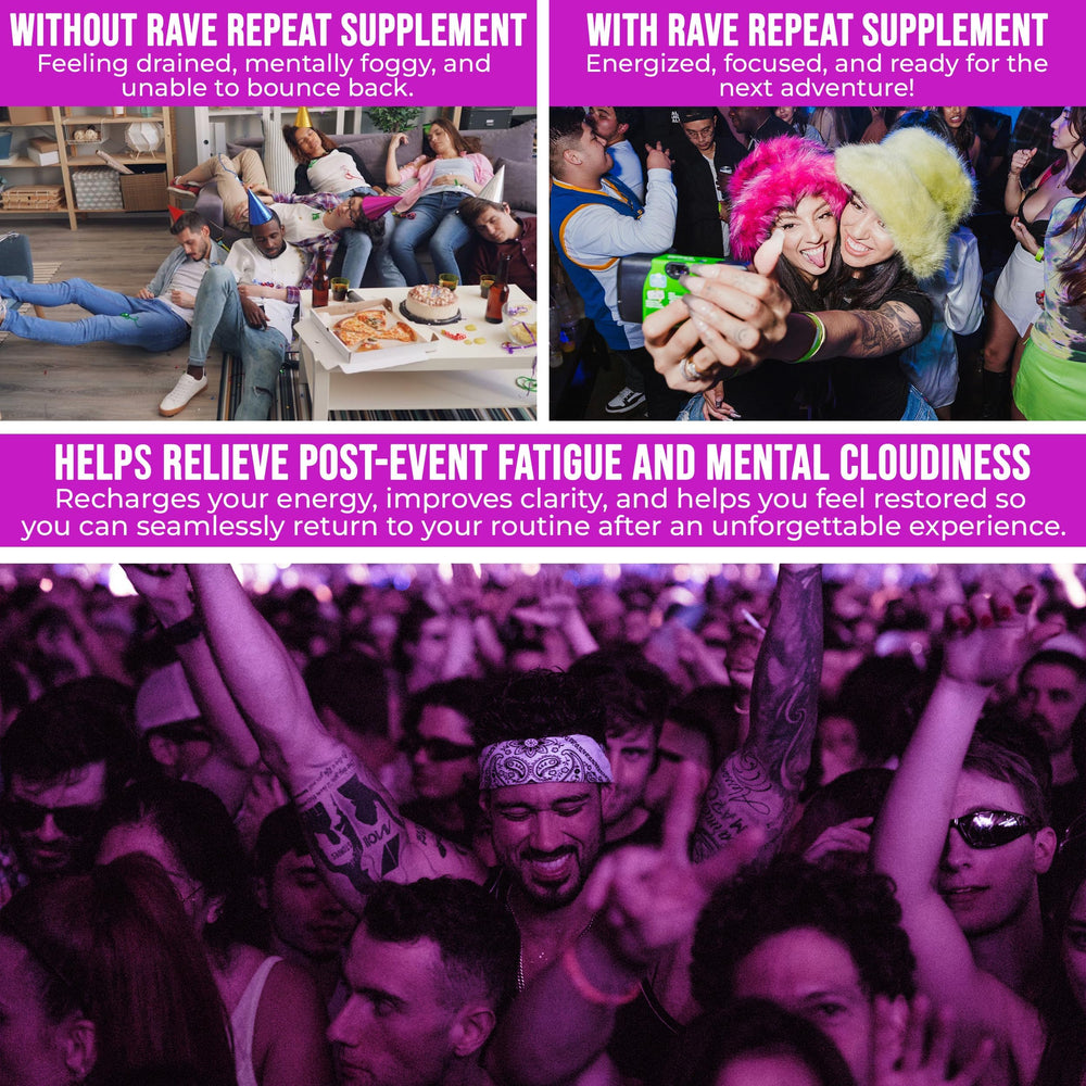 Rave Repeat magnesium citrate image emphasizes muscle comfort for dancing