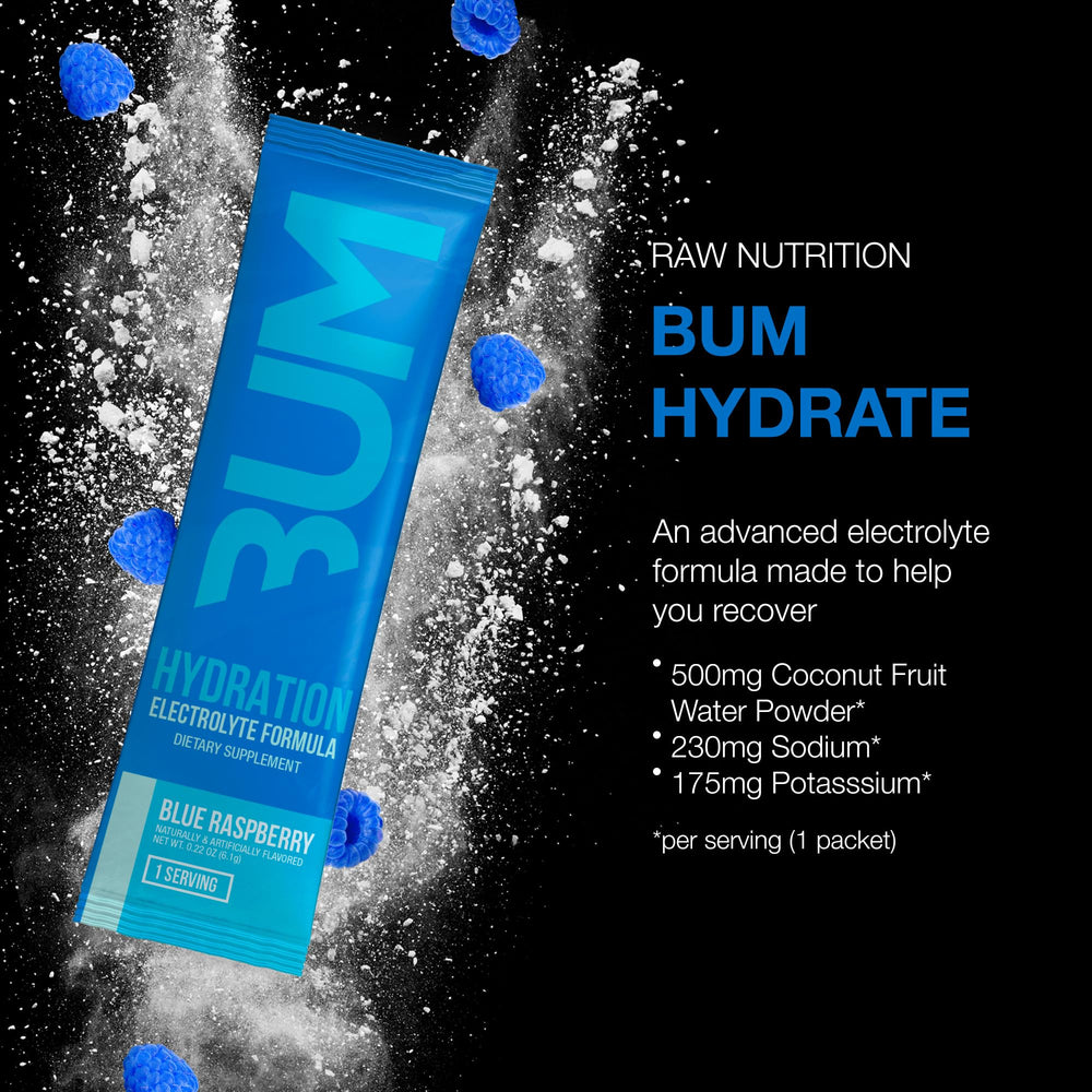 RAW Bum Hydrate blue raspberry powder dissolving quickly in water