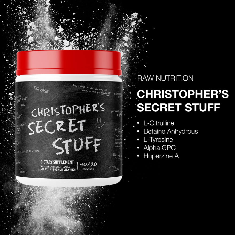 RAW Christopher's Secret Stuff powder tub emphasizing a clean, high-quality blend