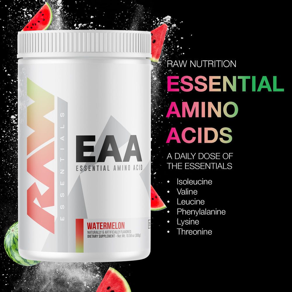 RAW EAA Watermelon ingredients label highlighting the nine essential amino acids