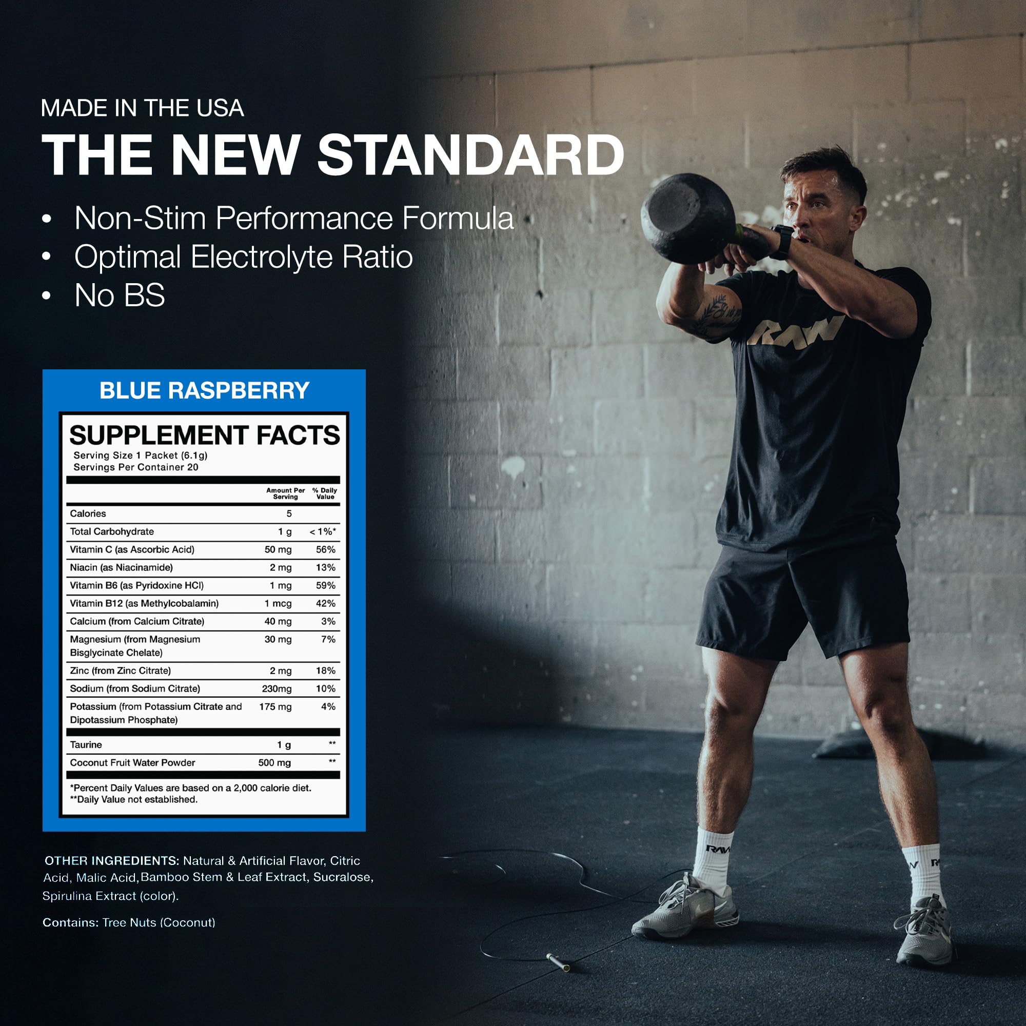 RAW Electrolytes powder blue raspberry supports athletic hydration