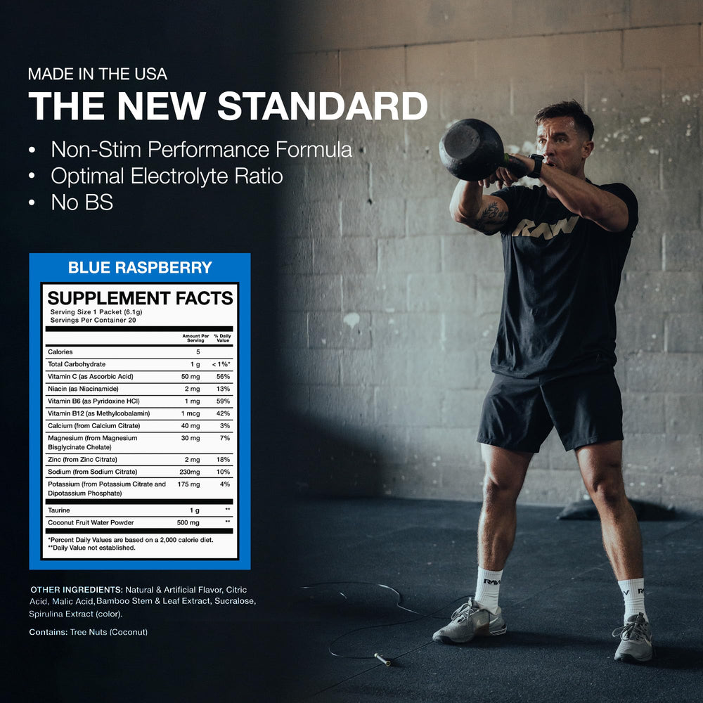 RAW Electrolytes powder blue raspberry supports athletic hydration