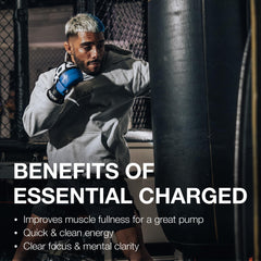 Close-up label of RAW Essential Charged showing ingredients for focus