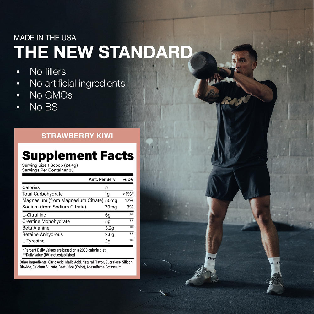 Shaker bottle with strawberry kiwi flavored RAW Essential Performance mixed.