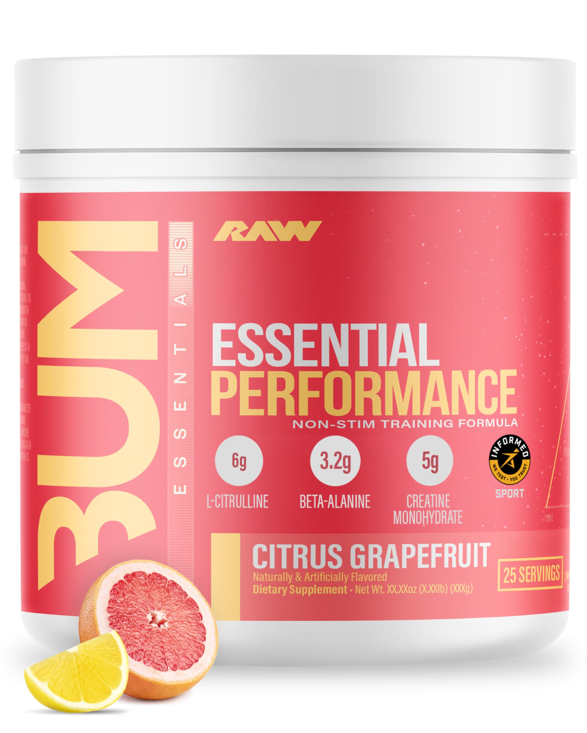 RAW Essential Performance pre-workout powder in citrus grapefruit can for a clean endurance boost