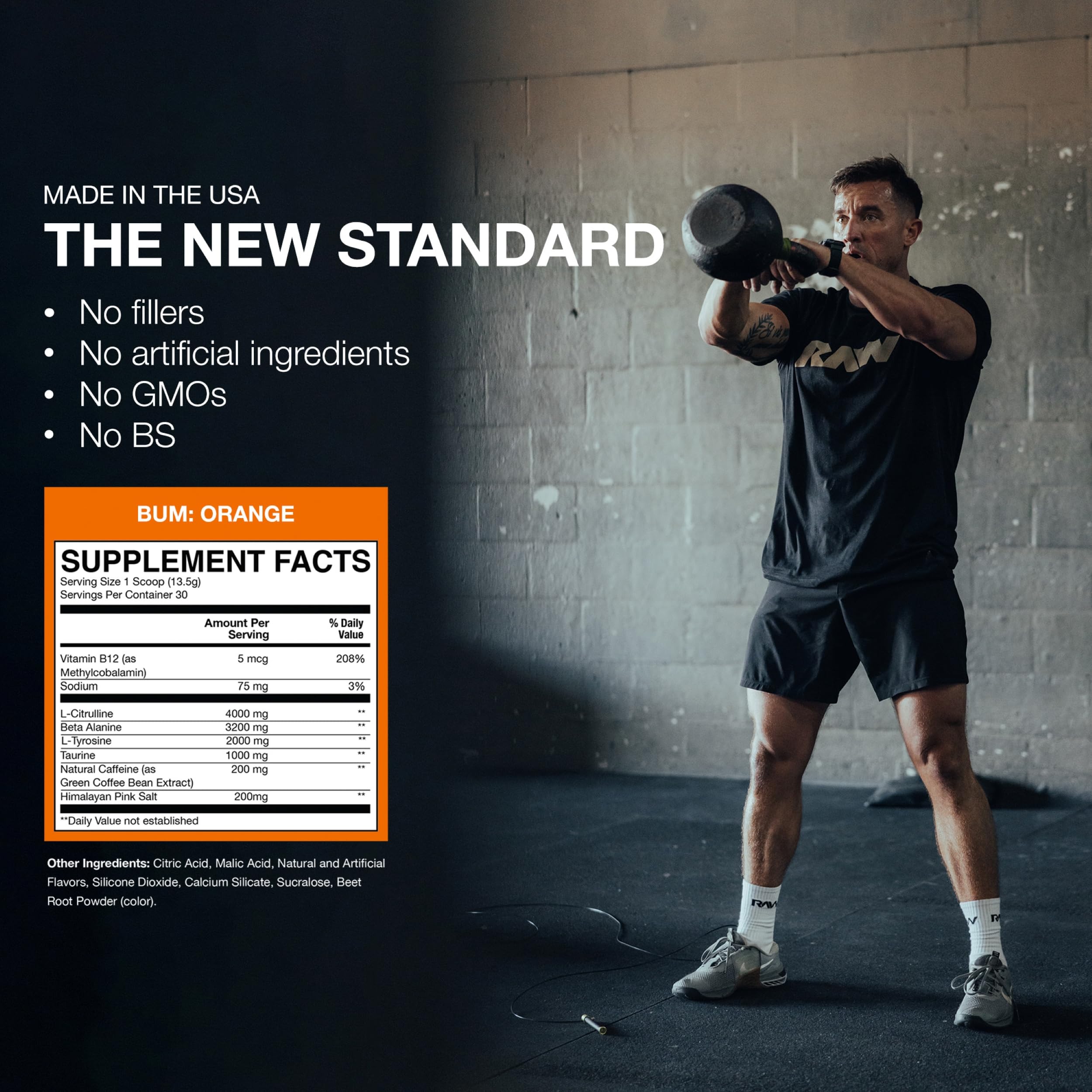 RAW Essential Pre-Workout Orange served in glass with ice for a refreshing workout start.