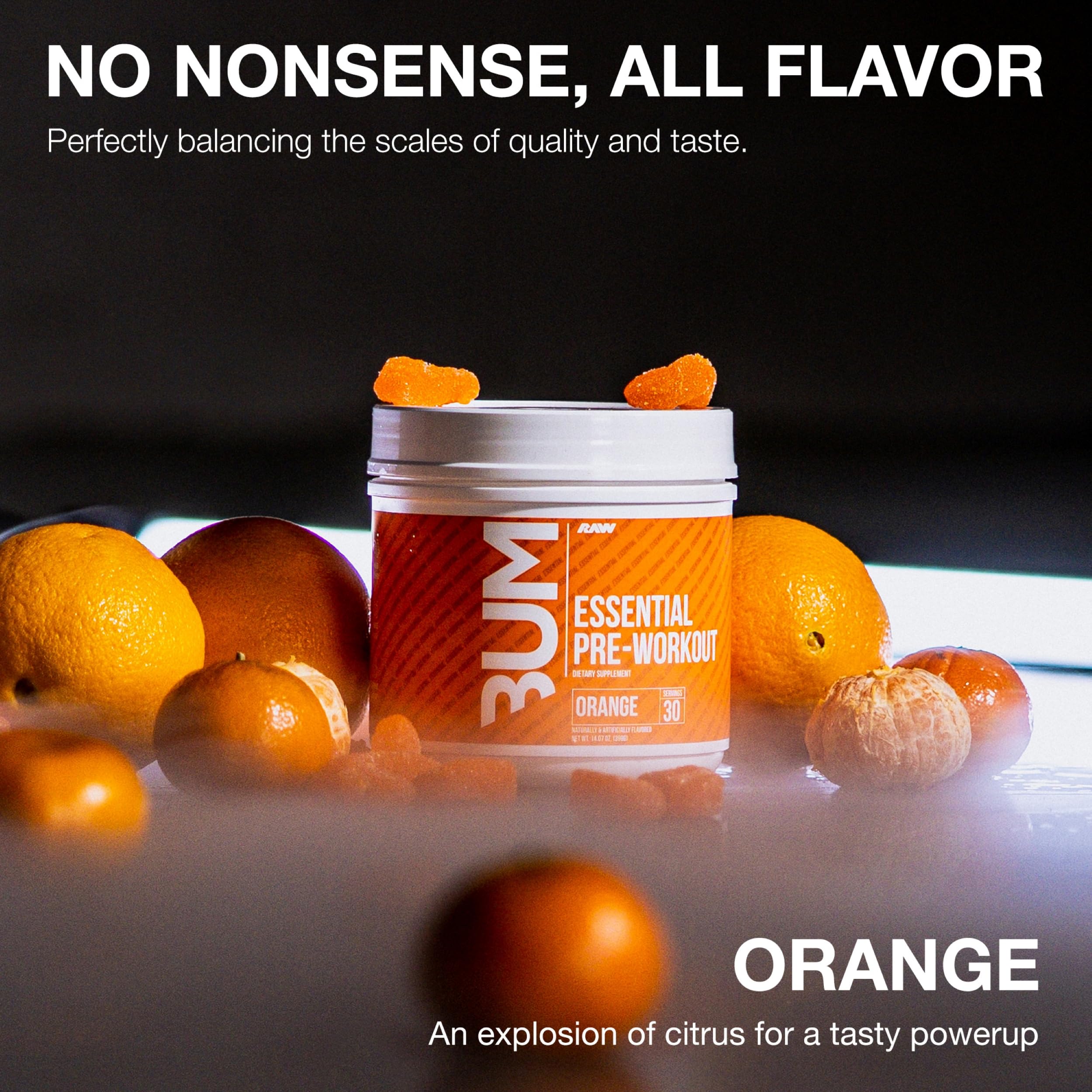 RAW Essential Pre-Workout Orange ingredients including L-Citrulline for improved blood flow.