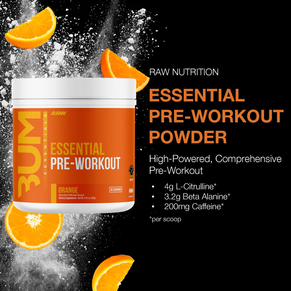 RAW Essential Pre-Workout Orange scoop poured into shaker for ready-to-use energy.