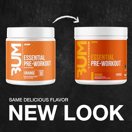 RAW Essential Pre-Workout Orange tub back with nutrition panel for trusted supplement details.