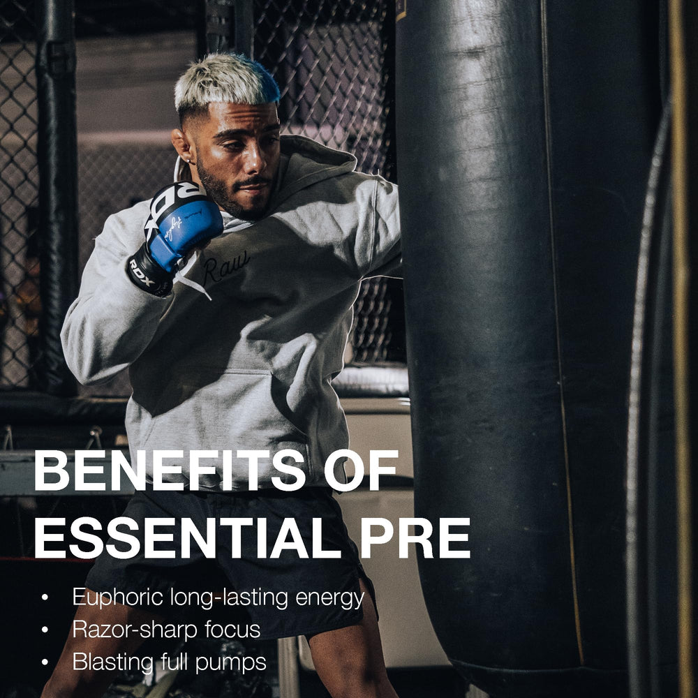 Athlete using RAW Essential Pre-Workout Grape for focus and drive.