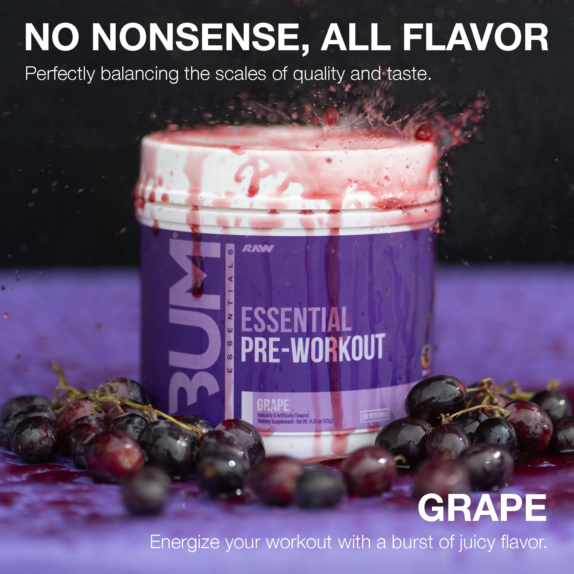 RAW Essential Pre-Workout Grape powder in shaker ready to mix.