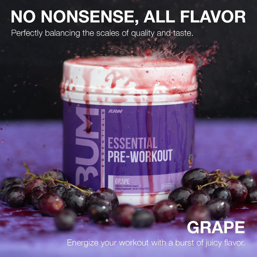 RAW Essential Pre-Workout Grape powder in shaker ready to mix.