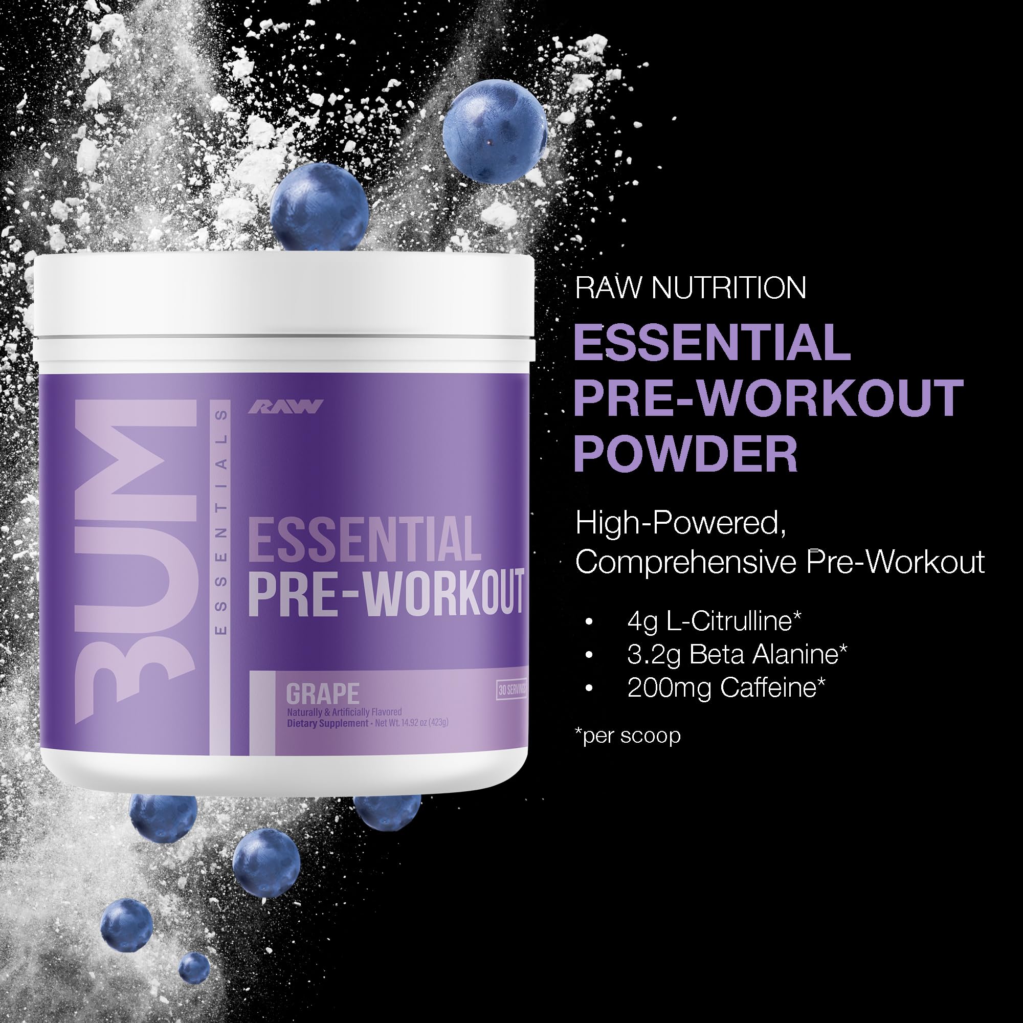 RAW Essential Pre-Workout Grape scoop highlights potent L-Citrulline blend.
