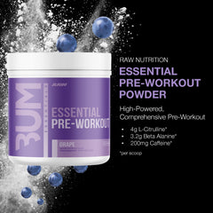 RAW Essential Pre-Workout Grape scoop highlights potent L-Citrulline blend.