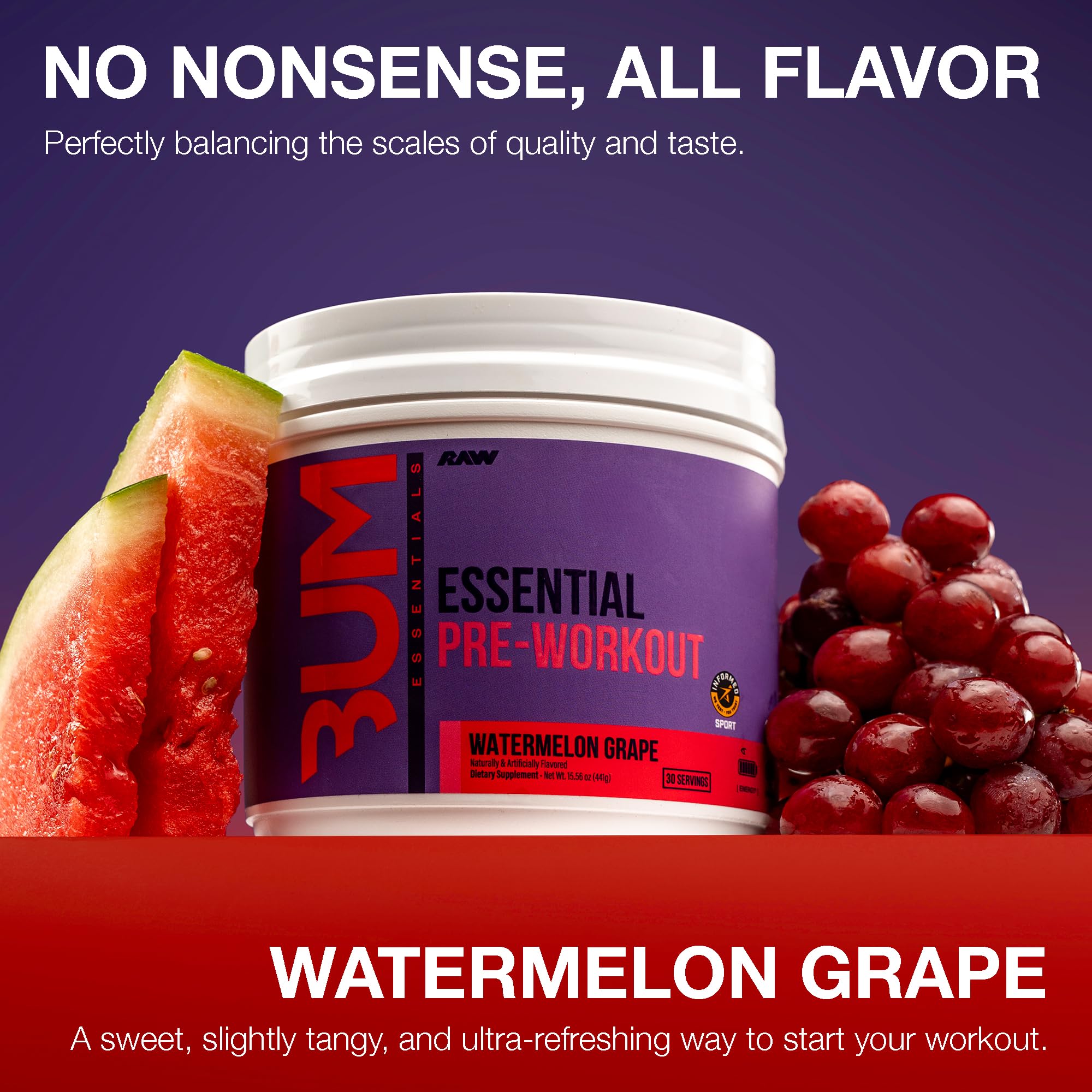 RAW Essential Pre-Workout label highlighting caffeine for quick, focused workouts.