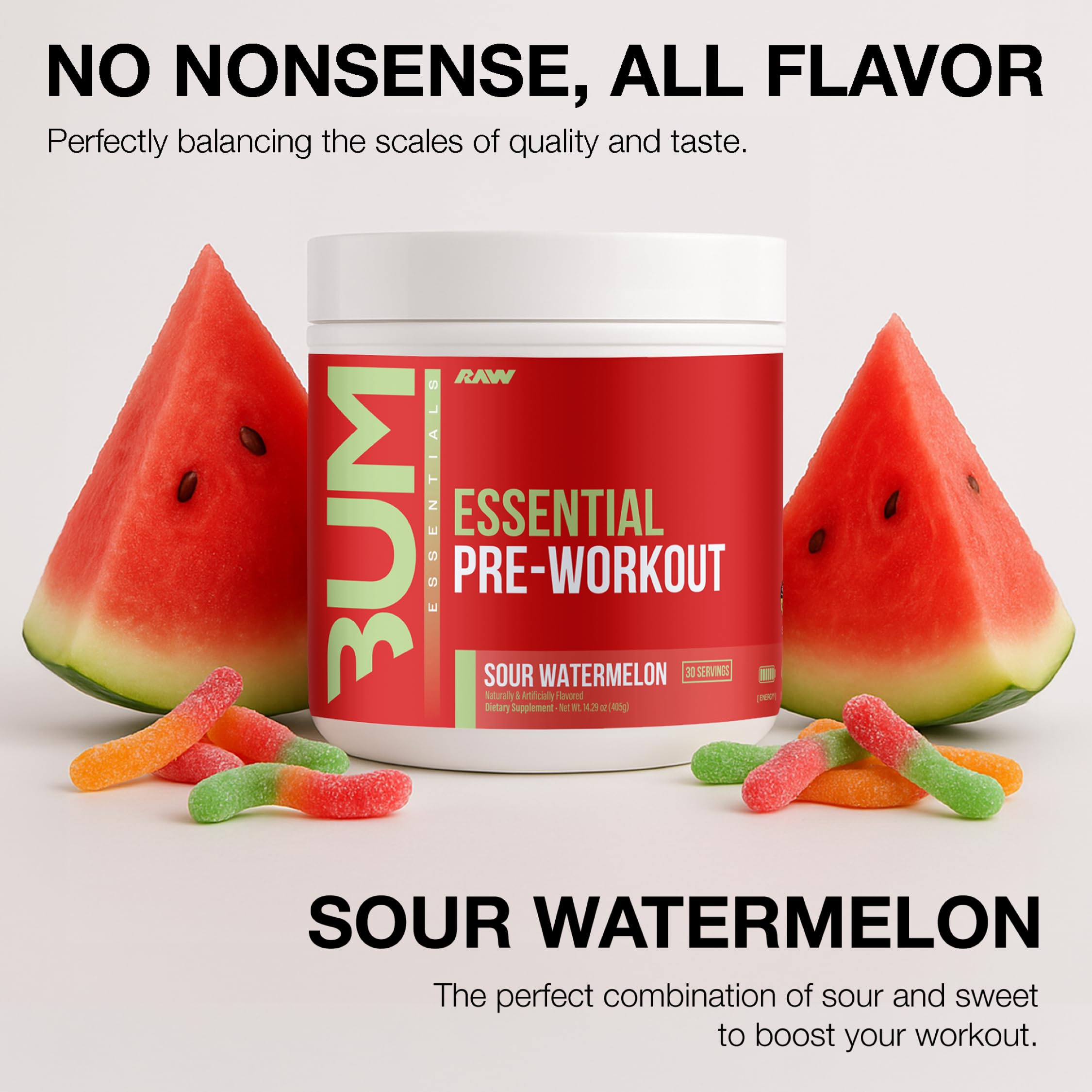 Close-up of RAW Essential Pre-Workout powder mixed in a glass for flavor.