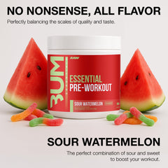 Close-up of RAW Essential Pre-Workout powder mixed in a glass for flavor.