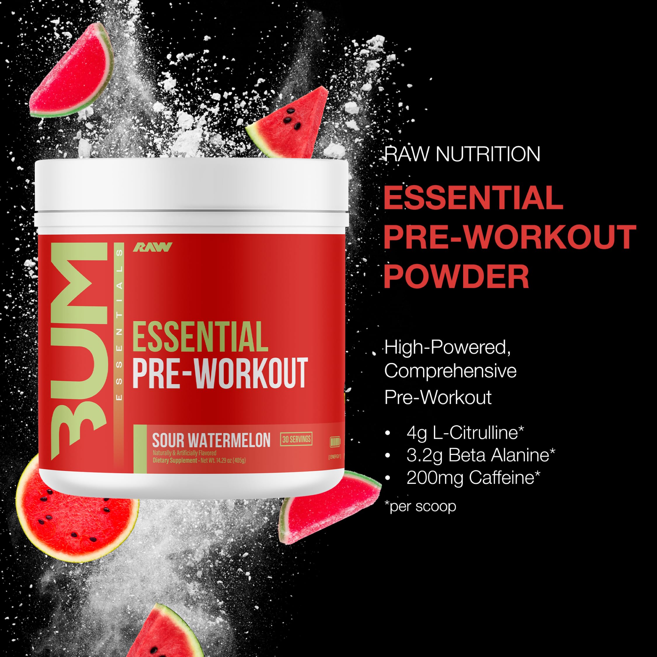RAW Essential Pre-Workout scoop dispensing powder for precise servings.